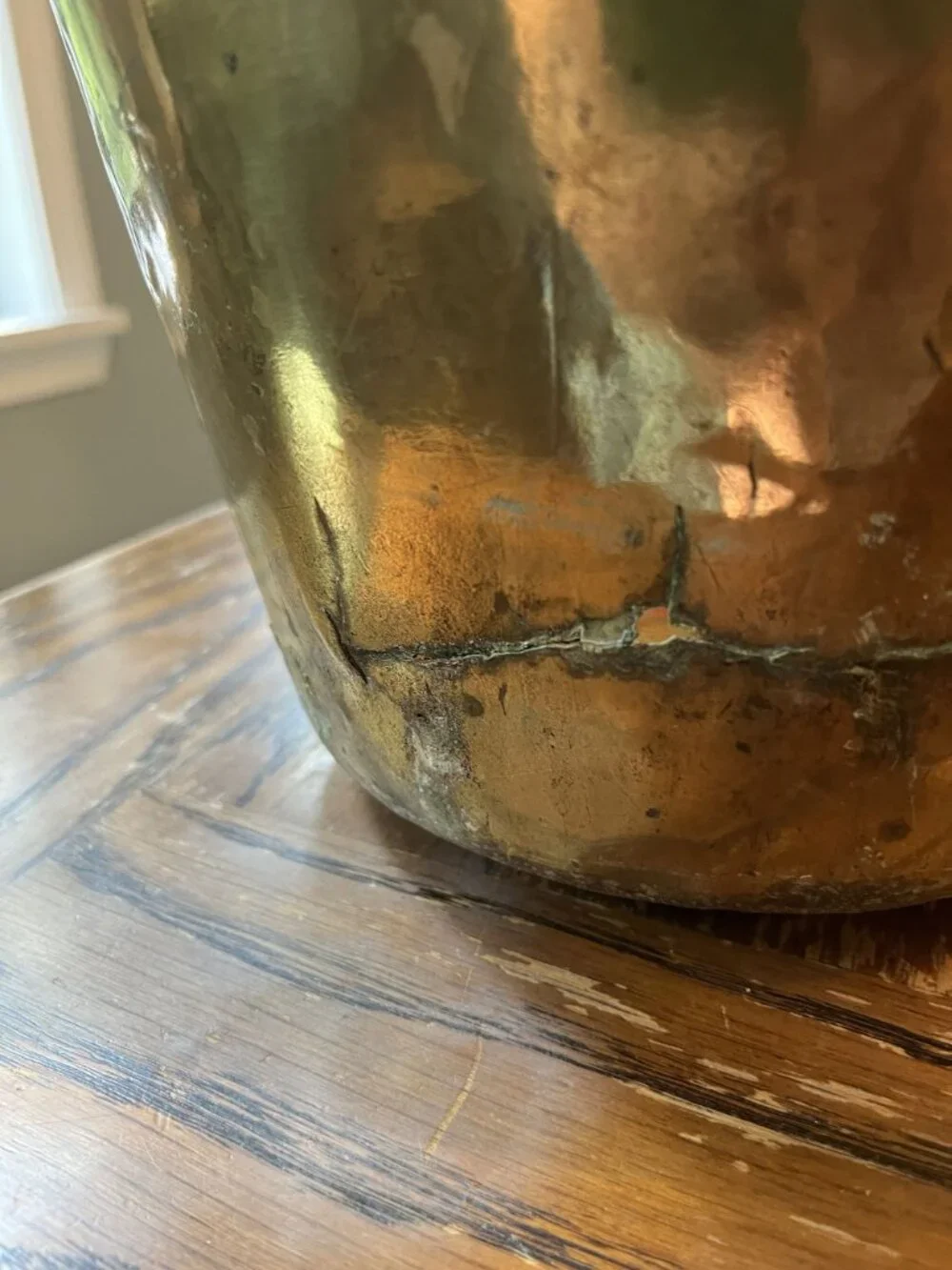Antique Hammered Brass Bucket With Iron Handle Floral Interior Accent